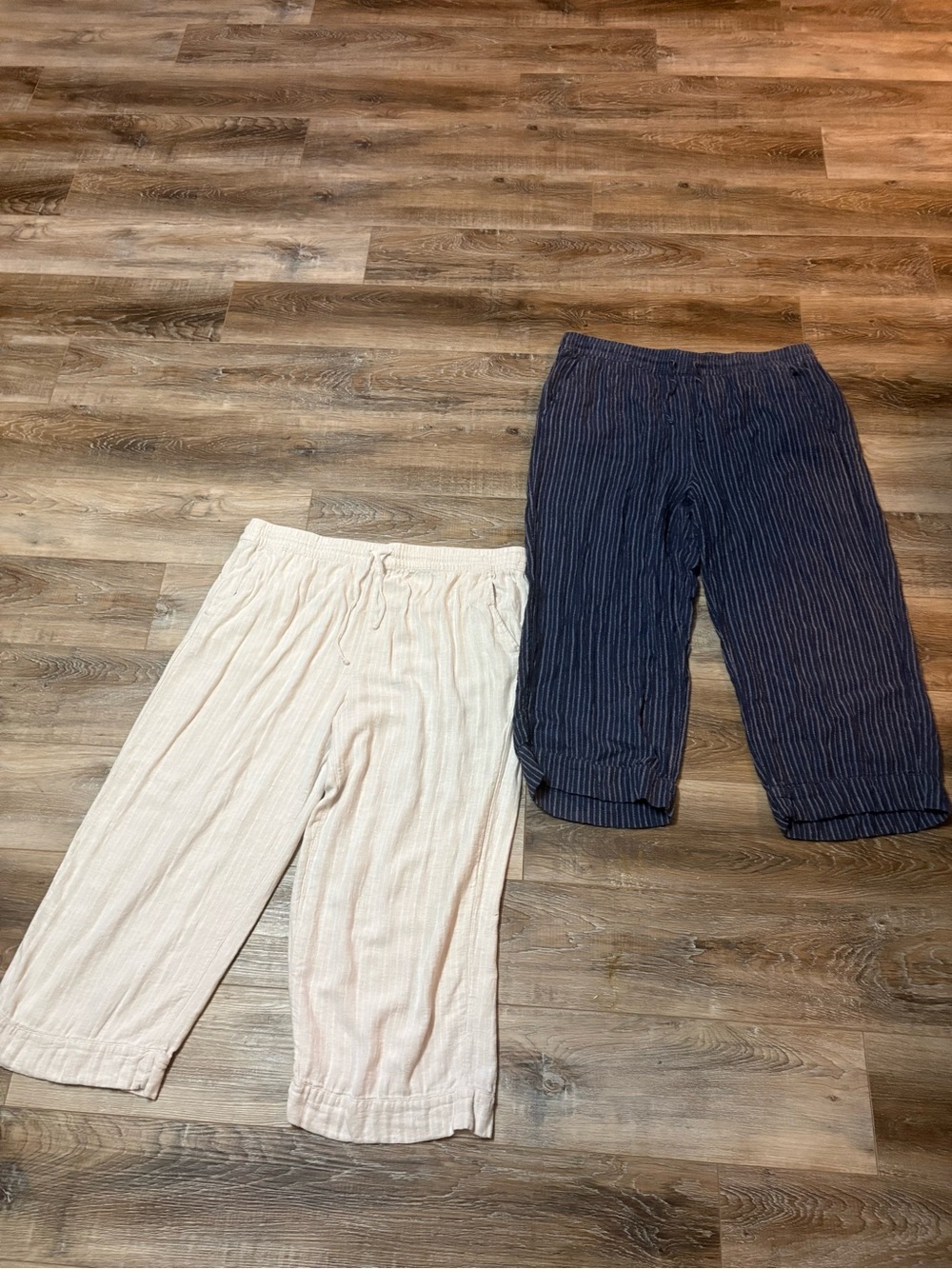 Light Beige and Navy Pinstripe Linen Pants Duo
